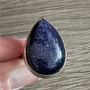 Black Sandstone Teardrop Ring Size 8 1/2. Sterling silver.